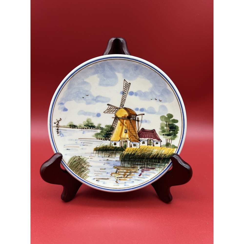 Vintage Delft Polychrome Plate Wall Windmill Scene Holland 6"